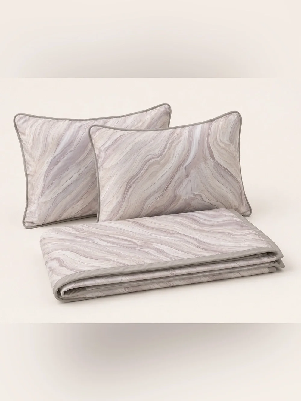 Luxury Marble-Print Bedding Runner in Light Gray and Cream and pillow shams